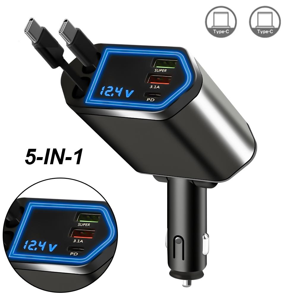 4/5-in-1 120W Retractable Car Charger Fast Charger USB+PD Power Adapter Phone Charger with Voltage Display For IOS Android Phone