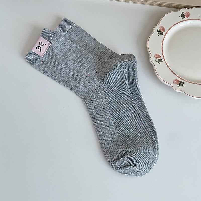 Autumn and Winter College Style Cotton Socks, Colorful Polka Dot Yarn Bow, Fabric Label Mid-calf Socks, Pile Socks for Girls