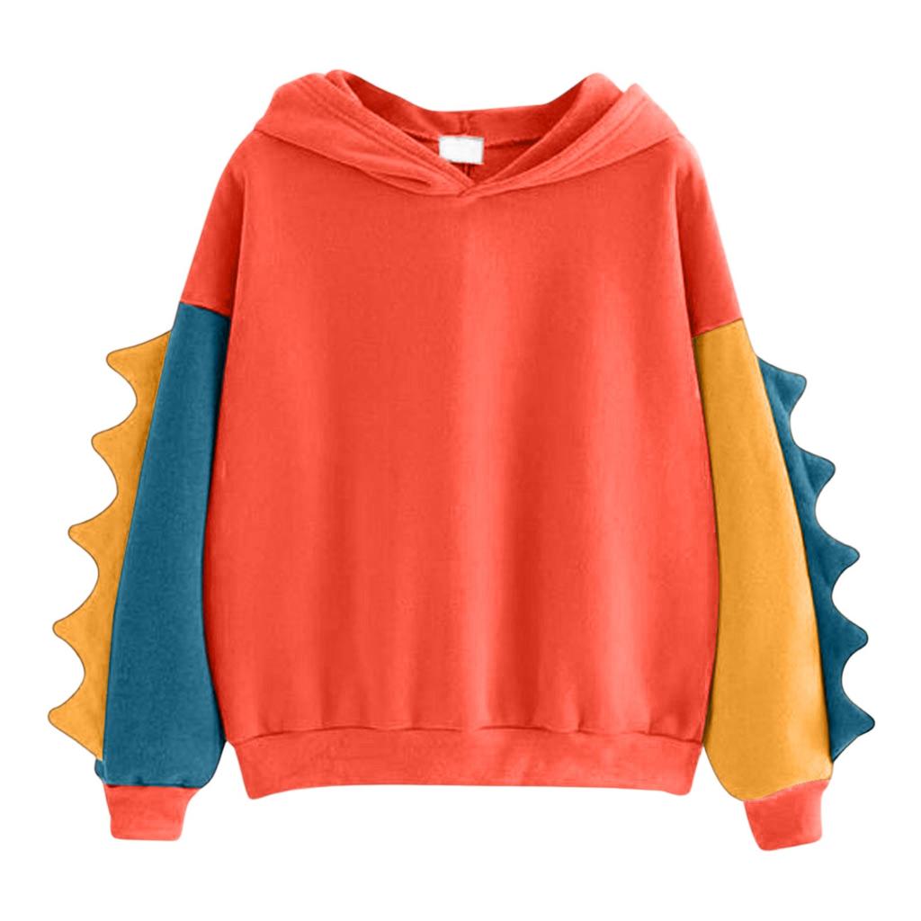 Women's Solid Color Contrasting Dinosaur Loose Casual Hoodie