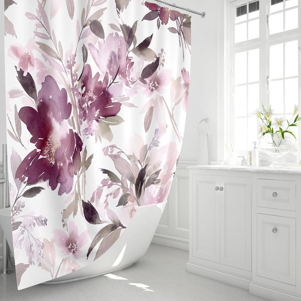 Malvefarbener Blumiger Duschvorhang, Aquarellblumen Duschvorhang Für Badezimmer, Moderner Abstrakter Tinte Dekorativer Stoff Duschvorhang
