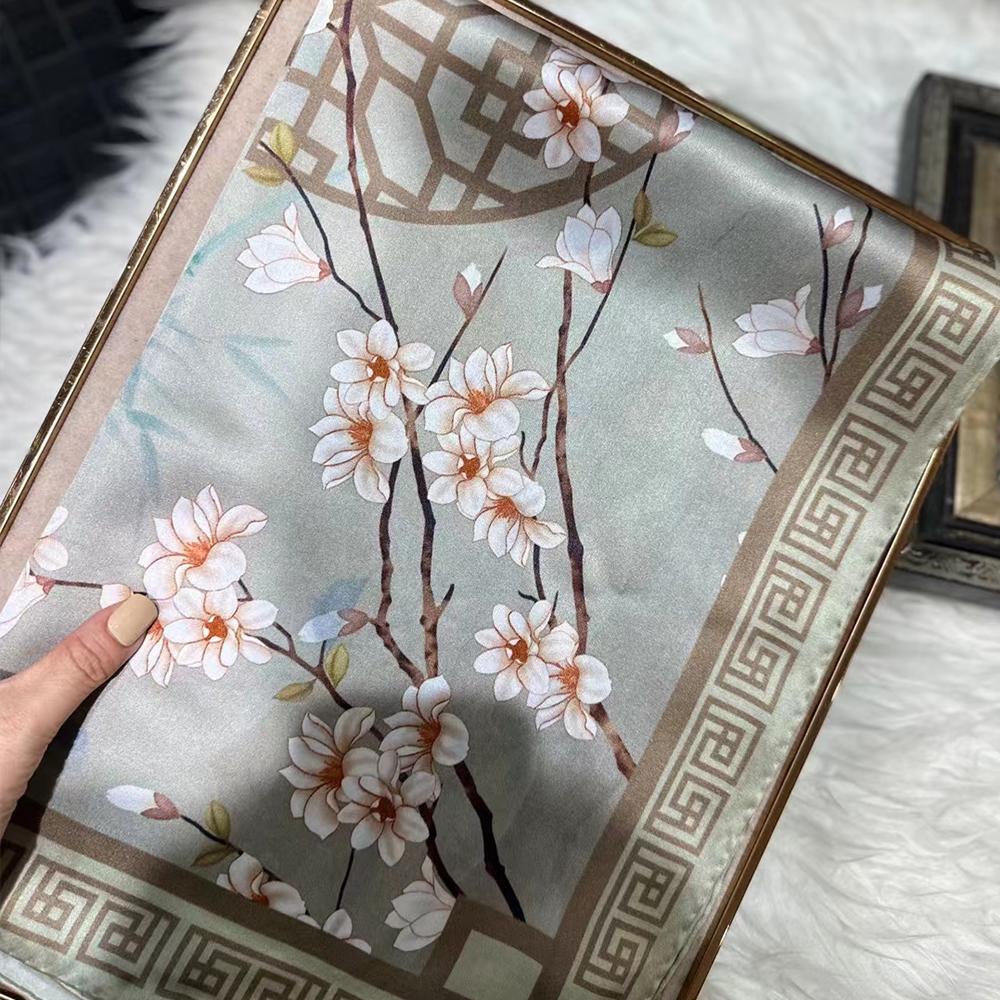 Chinese Style Ink Lotus Silk Scarf Shawl Women  New Design 100% Natural Silk Long Scarves Grey Pink Neck Scarves 175*53Cm