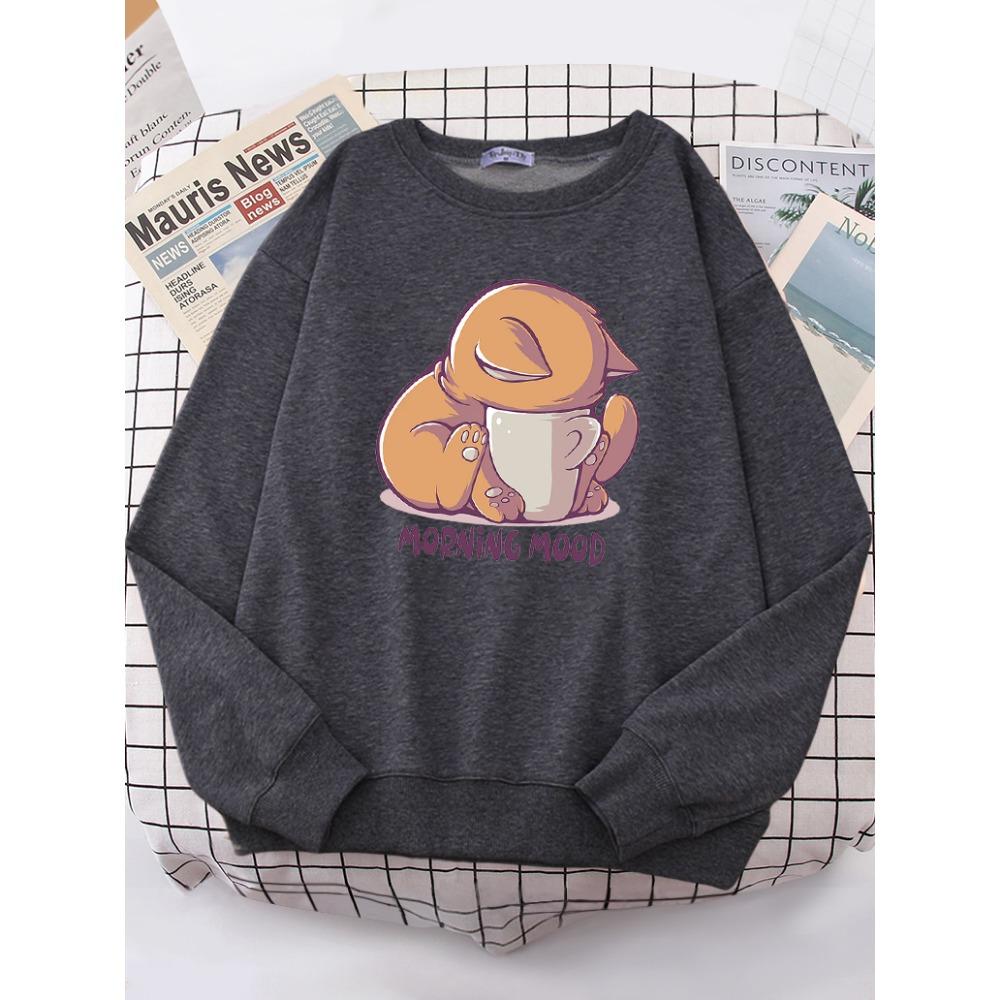 Cat Is Looking At The Cup Lovely Sweatshirt Female Fashion Fleece Hoody Crewneck Casual Hoodies Pullover Oversize