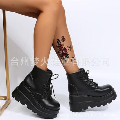 Autumn and Winter New Muffin Platform Short Tube Lace-up Martin Boots Wedge Heel Women's Shoes Heightening Women's Boots