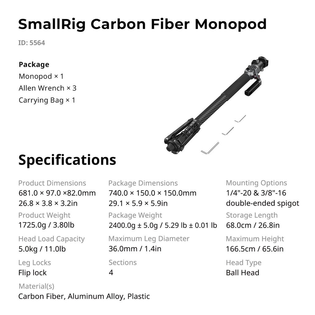 SmallRig Camera Carbon Compact Camera Folds Down To Weight Height Maximum Load Capacity Ball 5564 166.5cm Monopod, Fiber, Monopod, 68cm, 1.72kg,