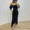 Vestido de noche para mujer, hombros descubiertos, corte bajo, cintura ajustada, dobladillo dividido, manga de malla, color a juego, longitud del tobillo, fiesta de graduación, cóctel, vestido largo de boda