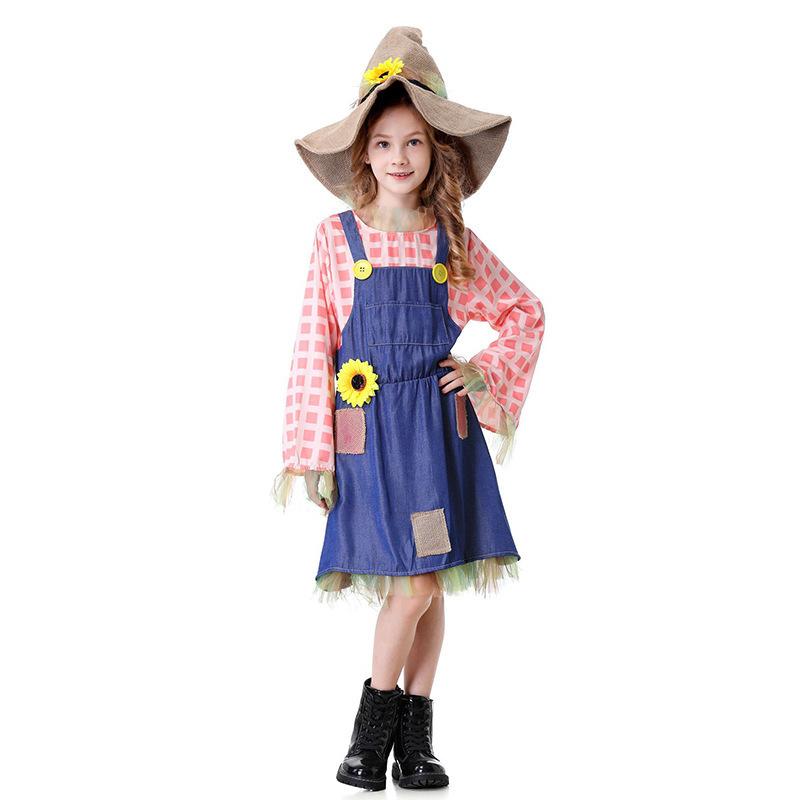 

Halloween Children s Costume Fake Two-piece Girls Checked Dress with Flowers and Patches Straw Puppets XL