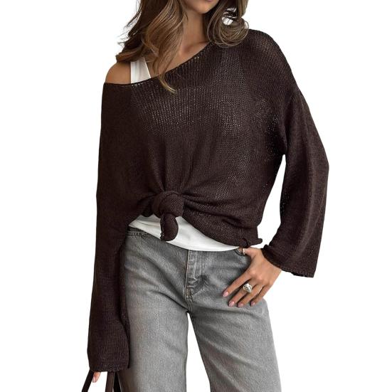 Dame Strikketopper Rund Hals Langermet Genser Topper Løs Passform Ensfarget Høst Pullover Topper Strikk