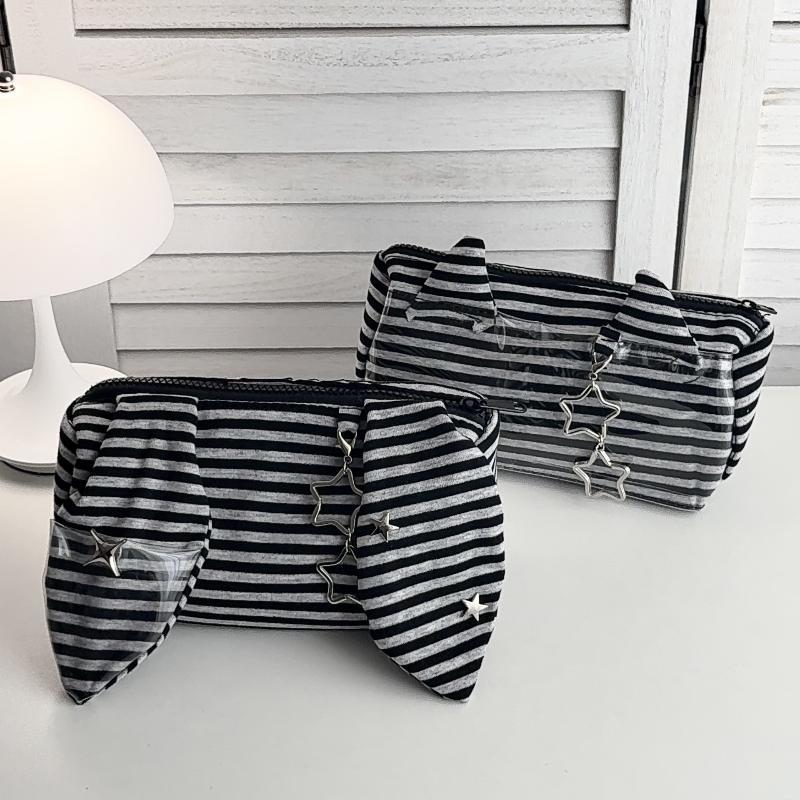 Kawaii Striped Devil Horn Pencil Pouch Waterproof Large Capacity Portable Organizer for Art Students Travel