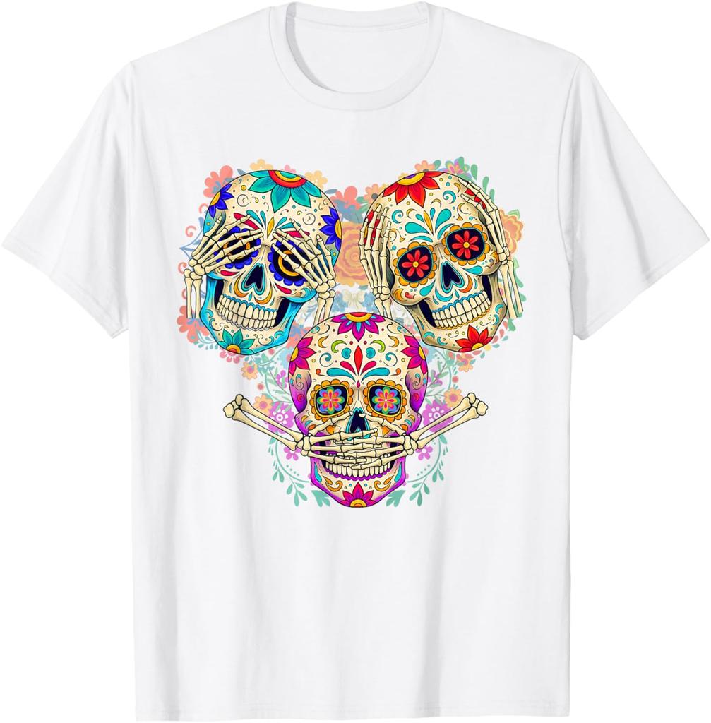 Sugar Skull Three Wise Monkeys Day of The Dead Graphic Tee Breathable Men Casual Trip T-Shirt