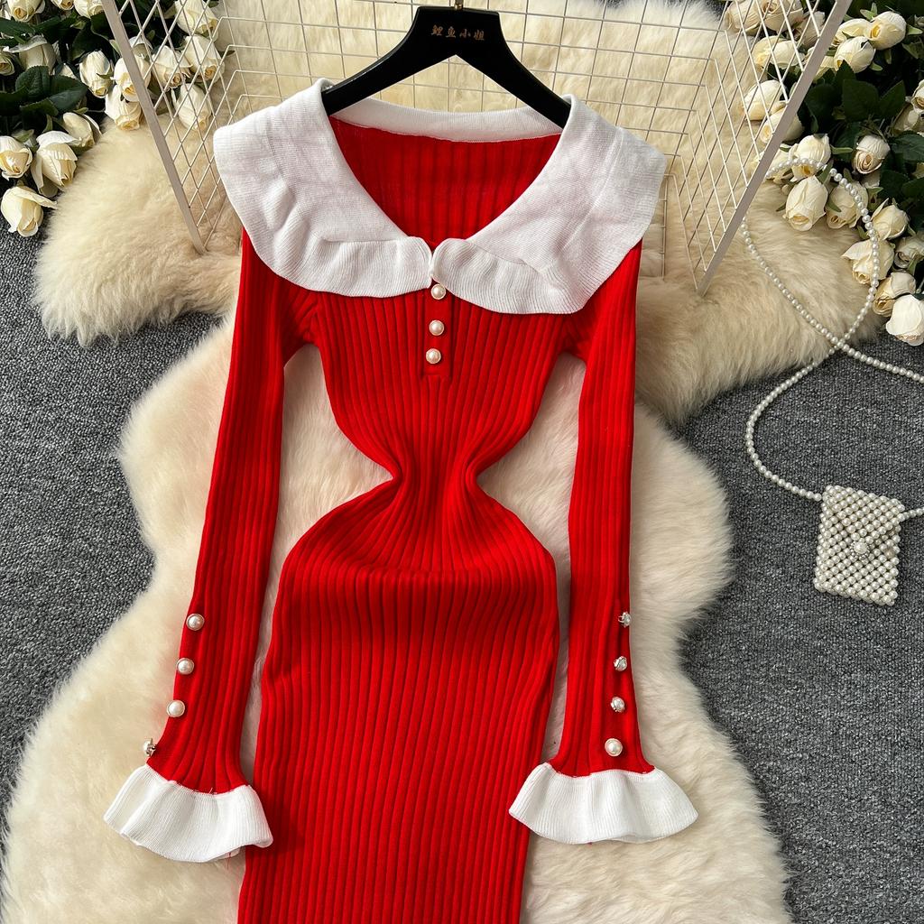 Spring Autumn Women Sweet Peter Pan Collar Knitted Sweater Long Midi Slim Mermaid Dresses