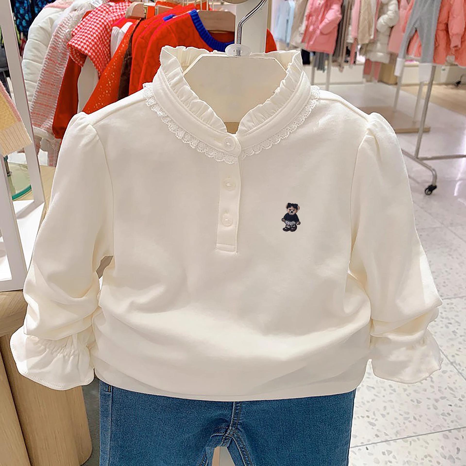 

Мультяшная вышитая хлопковая футболка с длинным рукавом и кружевным воротником для девочек 110 cm белый