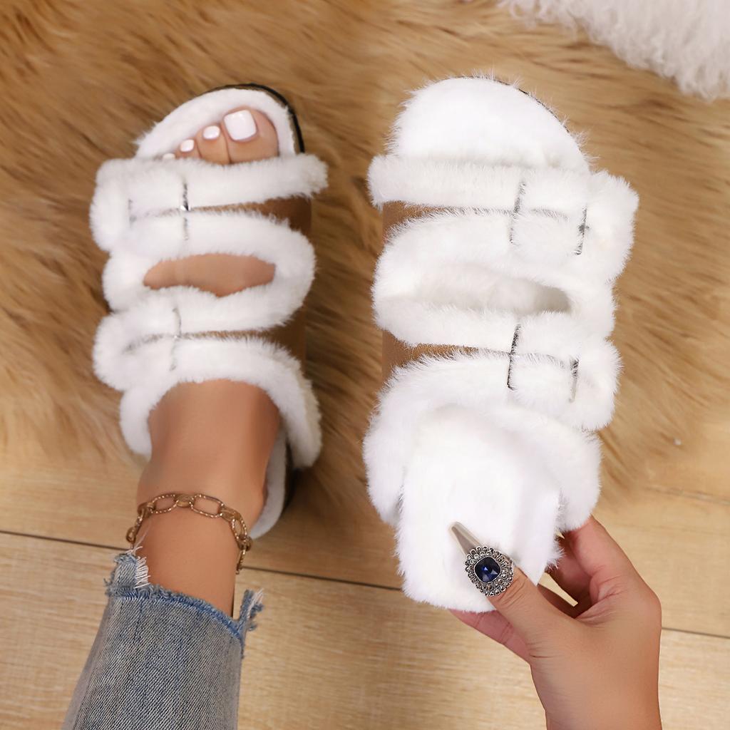 Women Furry Cork Slippers 2025 New Slides Women Buckle Indoor Fashion Plush House Shoes Women Winter Fluffy Open Toe Slippers