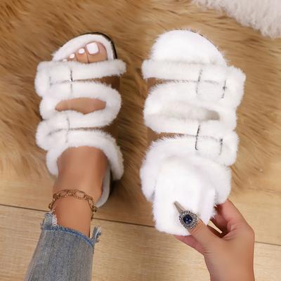 Fashion Women Furry Cork Slippers Buckle Indoor Fashion Plush House Shoes Women Winter Fluffy Open Toe Slippers Fashion Slides Women