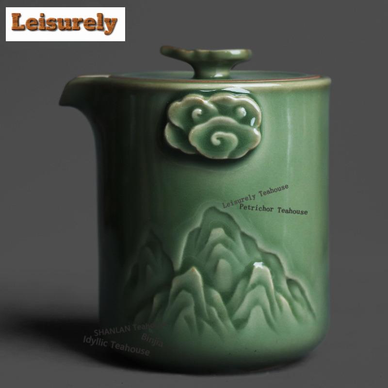 111ML Yue Kiln Relief Mountain Handheld Teapot Handmade Tea Infuser Pot Tea Maker Kettle With Filter Teaset Decoration Craft