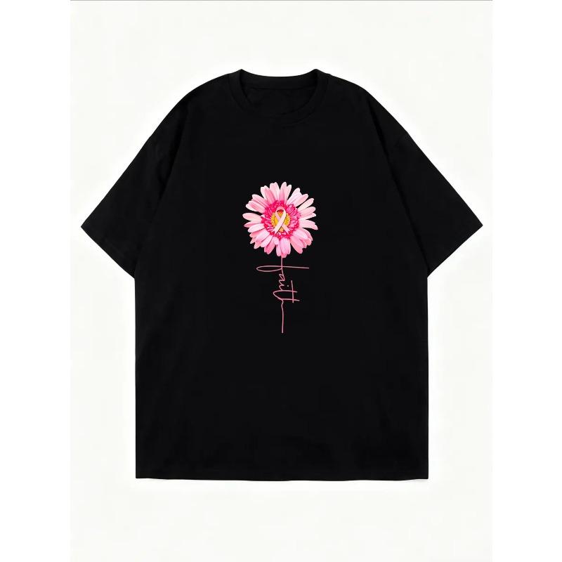 White T-Shirt With Pink Flower And Yellow Ribbon Print For Breast Cancer Awareness Casual Wear