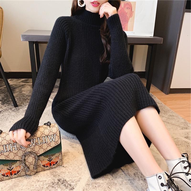 Knitted dress women's slim fall season new k medium and long inner over knee primer sweater skirt