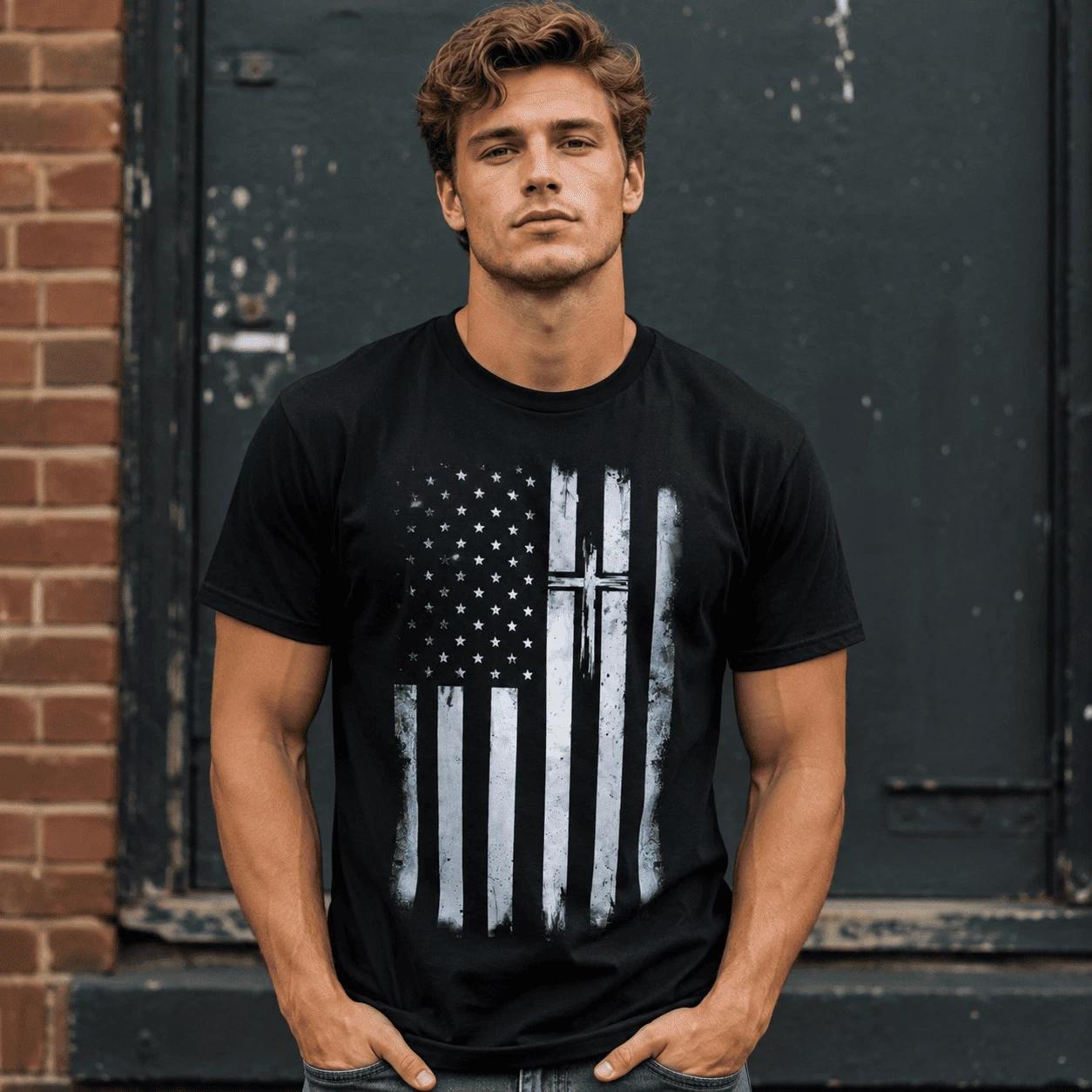 Christian American Flag Cross T-Shirt Patriotic USA Faith Graphic Tee XXXL