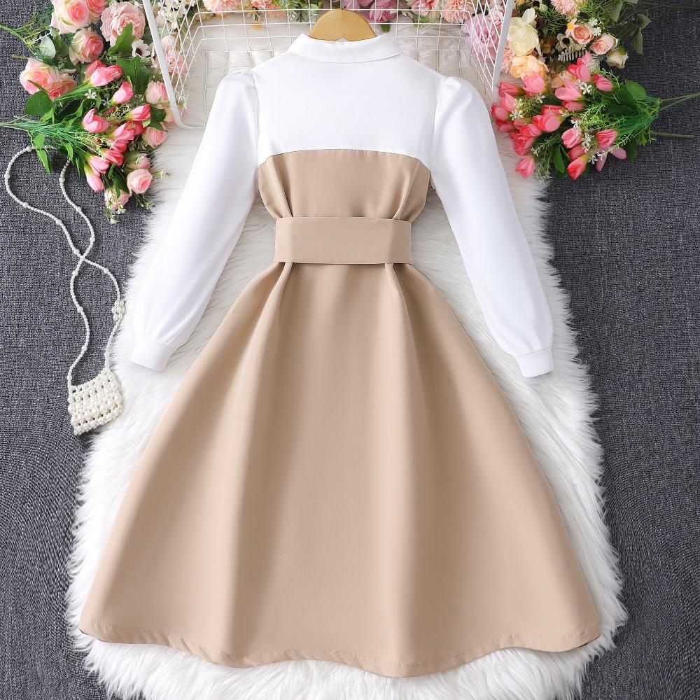 8-12Y Girls' Long-Sleeved Dress Autumn/Winter Dress Patchwork Fashion Contrasting Colours Minimalist Dress