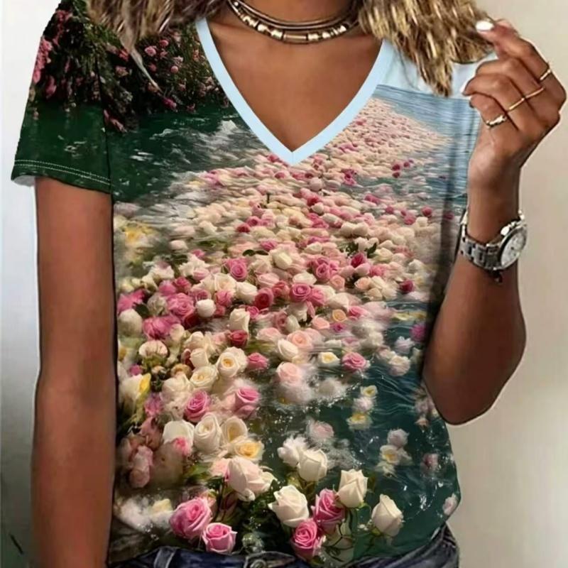 Summer Ladies 3D Printed V-Neck T-Shirt Fashion Versatile Breathable Trend Casual