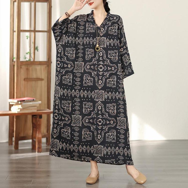 Vintage Floral Maxi Dress Plus Size Women Long Sleeve Oversize Loose Basic Spring Summer  New