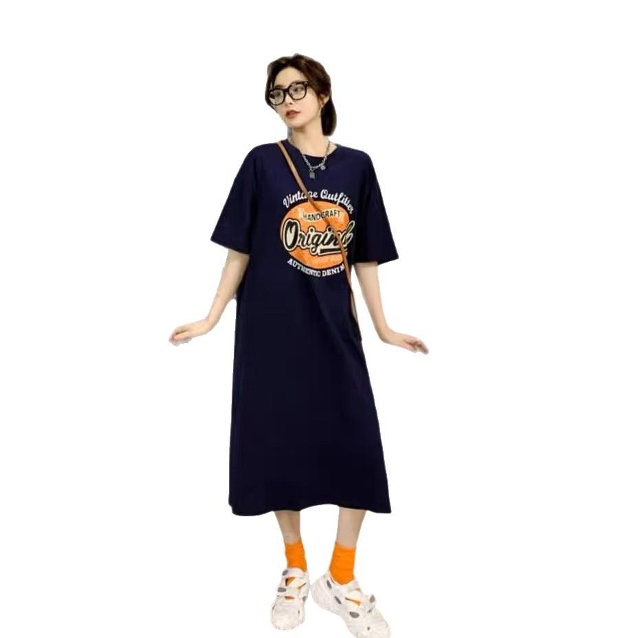 Lässiges und bequemes langes Kleid, knielanger gerader Rock, kurzärmeliges langes Sommer-Neues lockeres T-Shirt-Kleid für Damen