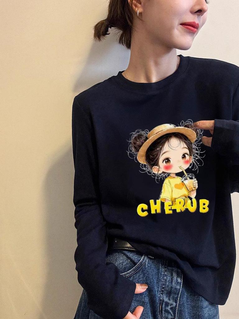 European Style Cartoon Girl Print Long Sleeve Women's T-Shirt - Autumn/Winter Base Layer Trendy Top