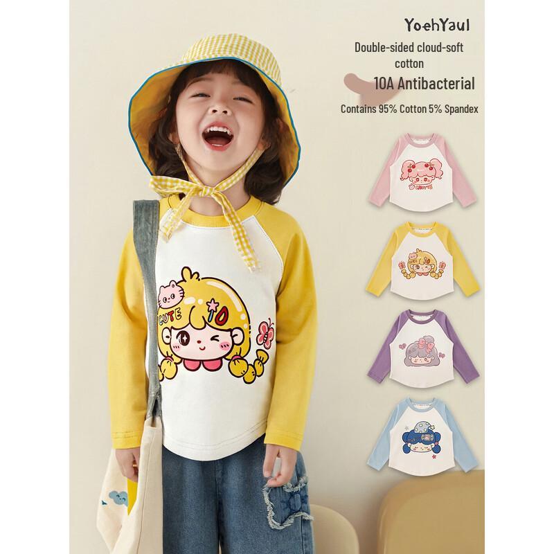 Girls' Long Sleeve Cartoon Color Block T-Shirt with Anti-Bacterial Tech