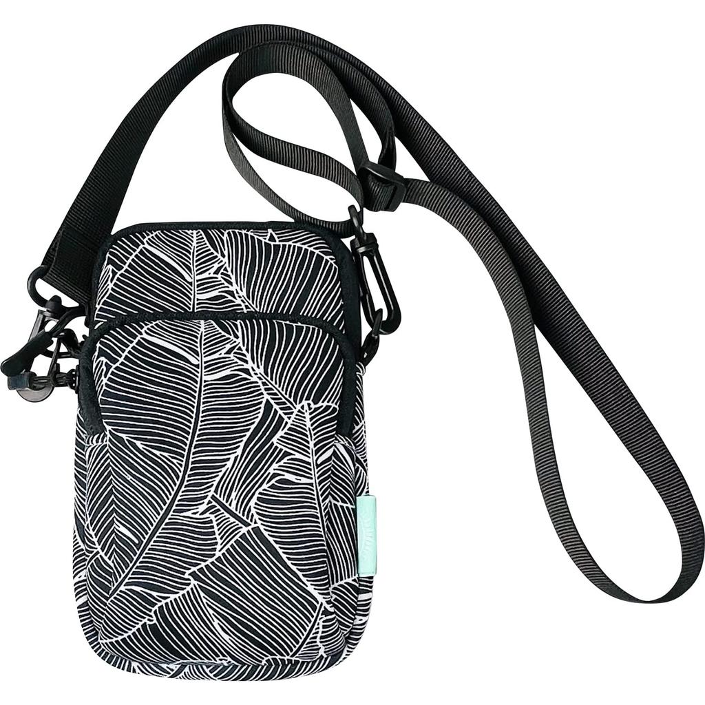 This neoprene mobile case is perfect for short trips. It measures 12cm wide x 19cm high x 2cm deep. It features a leaf pattern and a front pocket for
