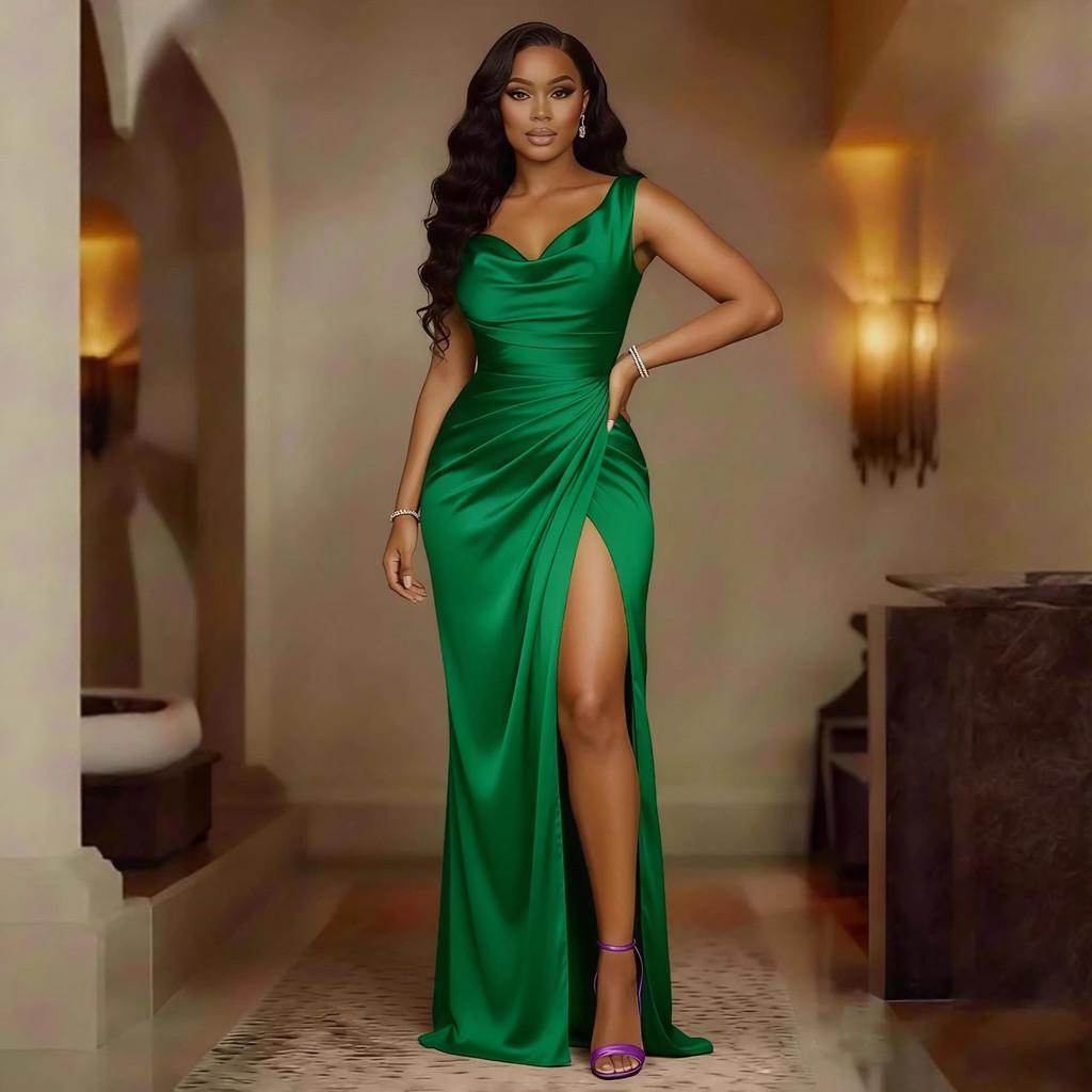 Elegant Satin Slit Hem Sleeveless Mermaid Dress With High Waist For Evening Parties