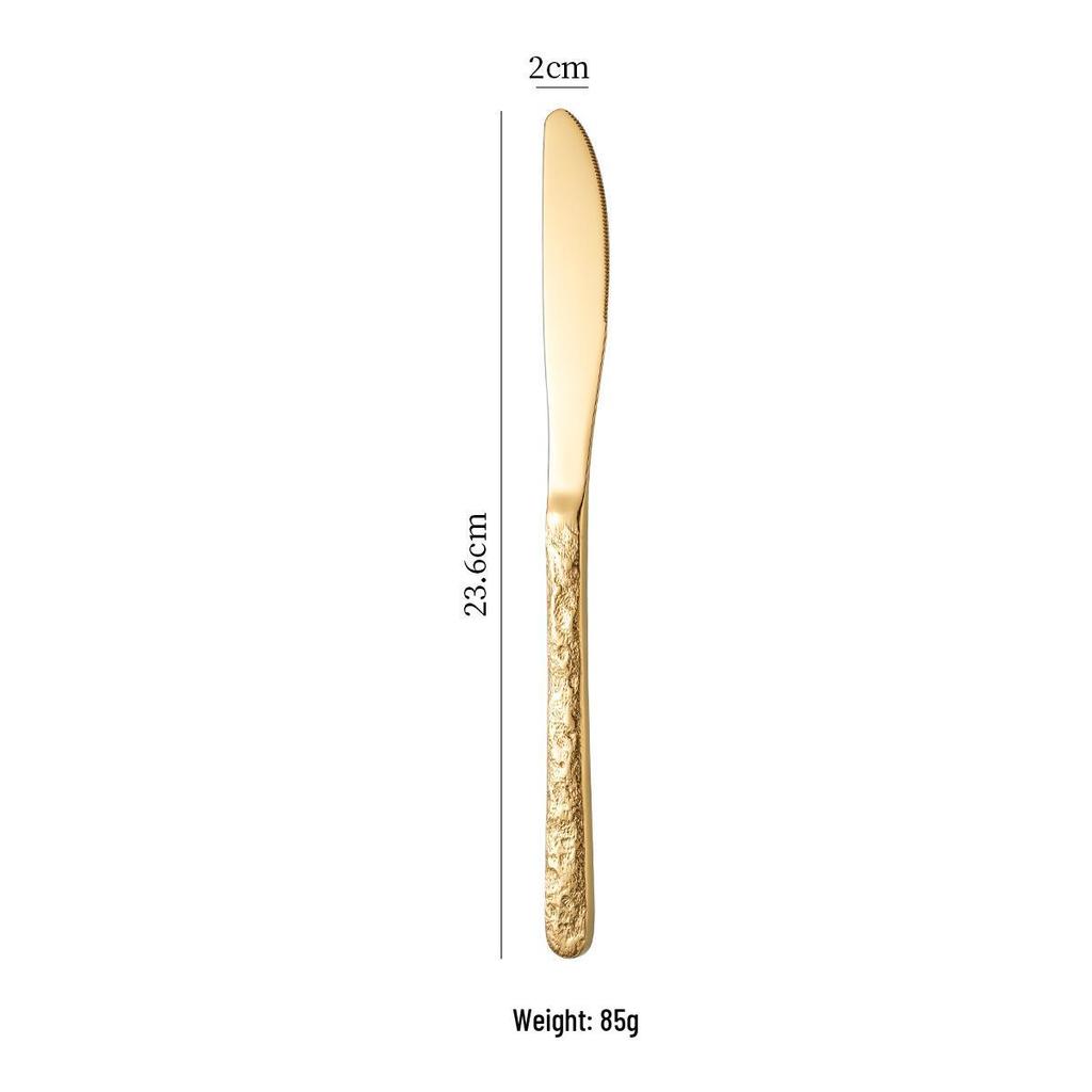 Gold-Plated Western Cutlery Set: Ice Crack Pattern Stainless Steel Fork, Knife, Spoon - Five Pieces.