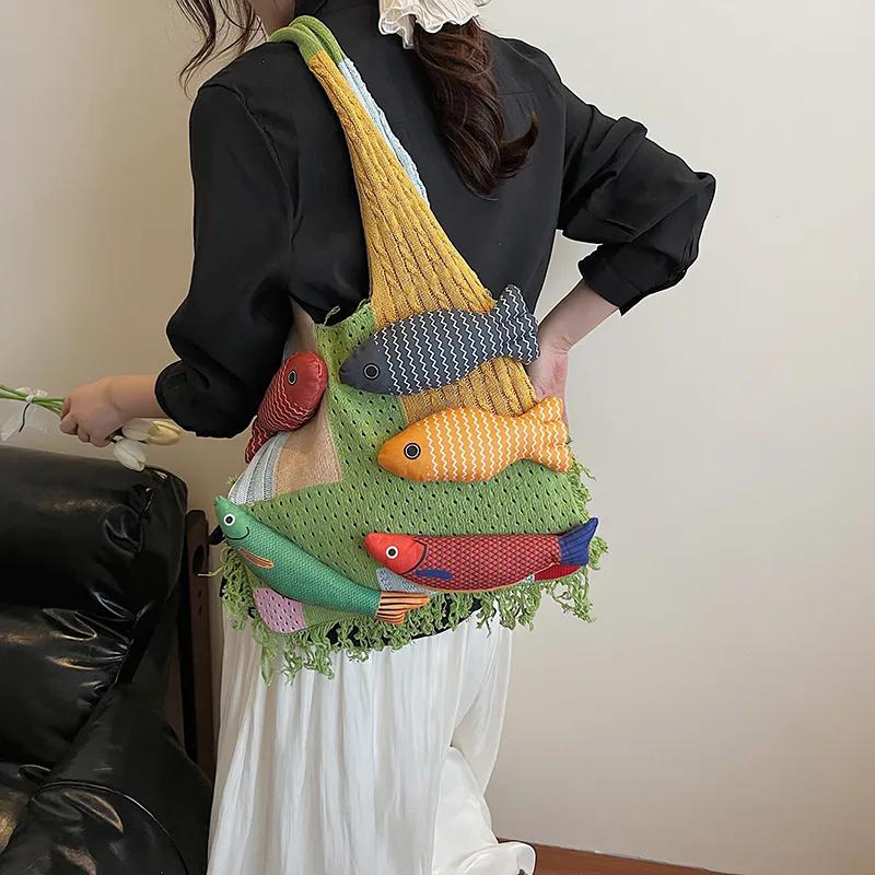WTEMPO Ethnic-style Crossbody Single Shoulder Bags with Fish Doll Contrast Color Design Versatile Commuting/Shopping Bags Maillard Style Handbag Gifts