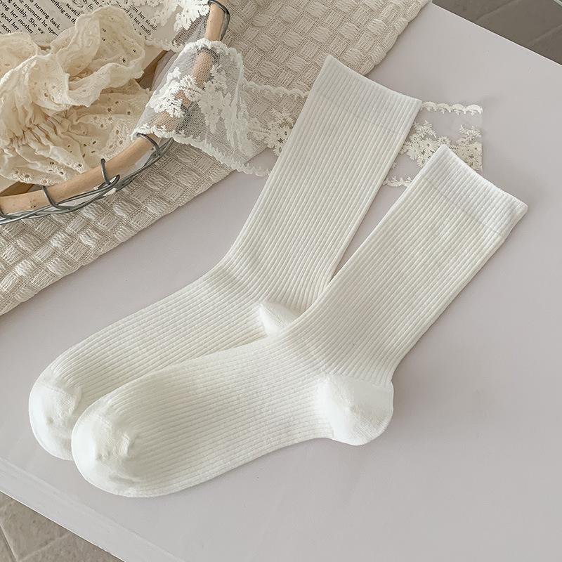 Women's Black & White Ribbed Slouch Socks - Mid-Calf Length, Versatile for Autumn/Winter, Pair with Leather Shoes