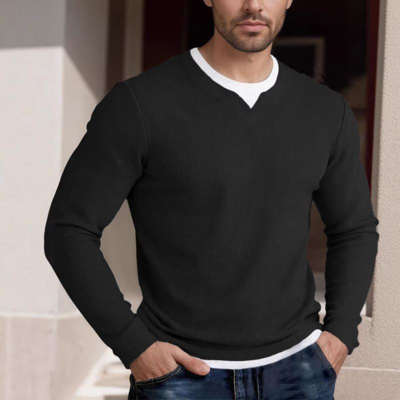 Mens V Neck Fake Two Piece Waffle Knit Long Sleeve Shirt S чёрный