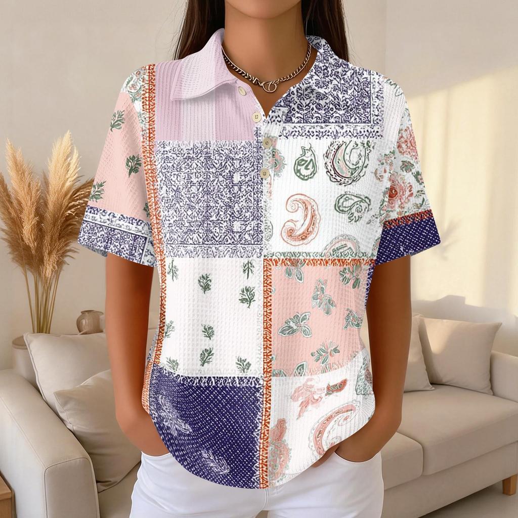 Women’s Casual Short Sleeve Waffle Knit Collared Top with Patchwork Floral Print Relaxed Fit for Daily Wear Office Travel