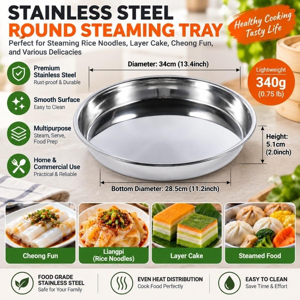 Rustproof Round Plate Shallow Tray Flat Stainless Steel Dining Dish Durable Food Container BBQ