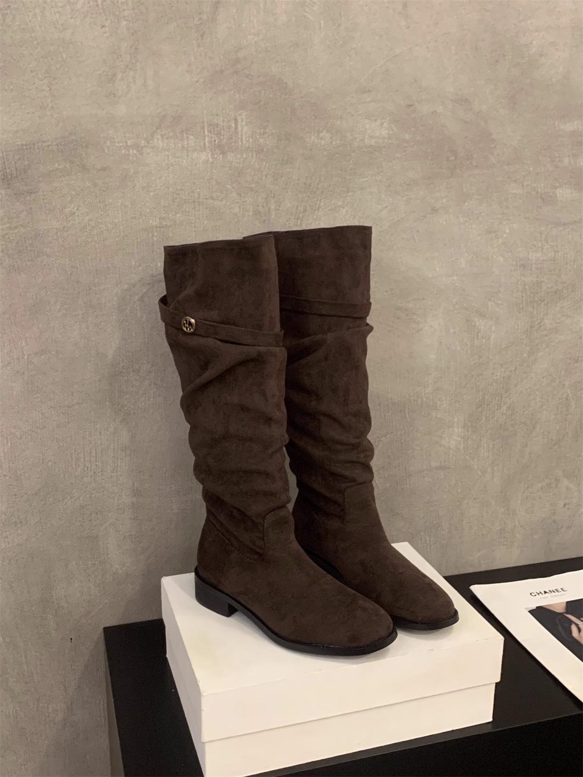

Women s Khaki Suede Skinny Boots: 2025 Autumn/Winter High-Top Chunky Heel Long Boots 35