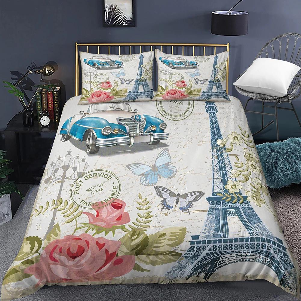 Housse de Couette Tour Eiffel Romantique Moderne Bâtiment de Ville de Paris Rouge et Bleu Housse de Couette pour Couple Accessoires Décor pour Adolescente