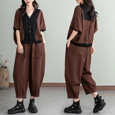 Women's Summer Fashion Suit, Western Style, Simple Solid Color, Loose and Thin Retro Blouse, Harem Pants, Two-piece Breathable