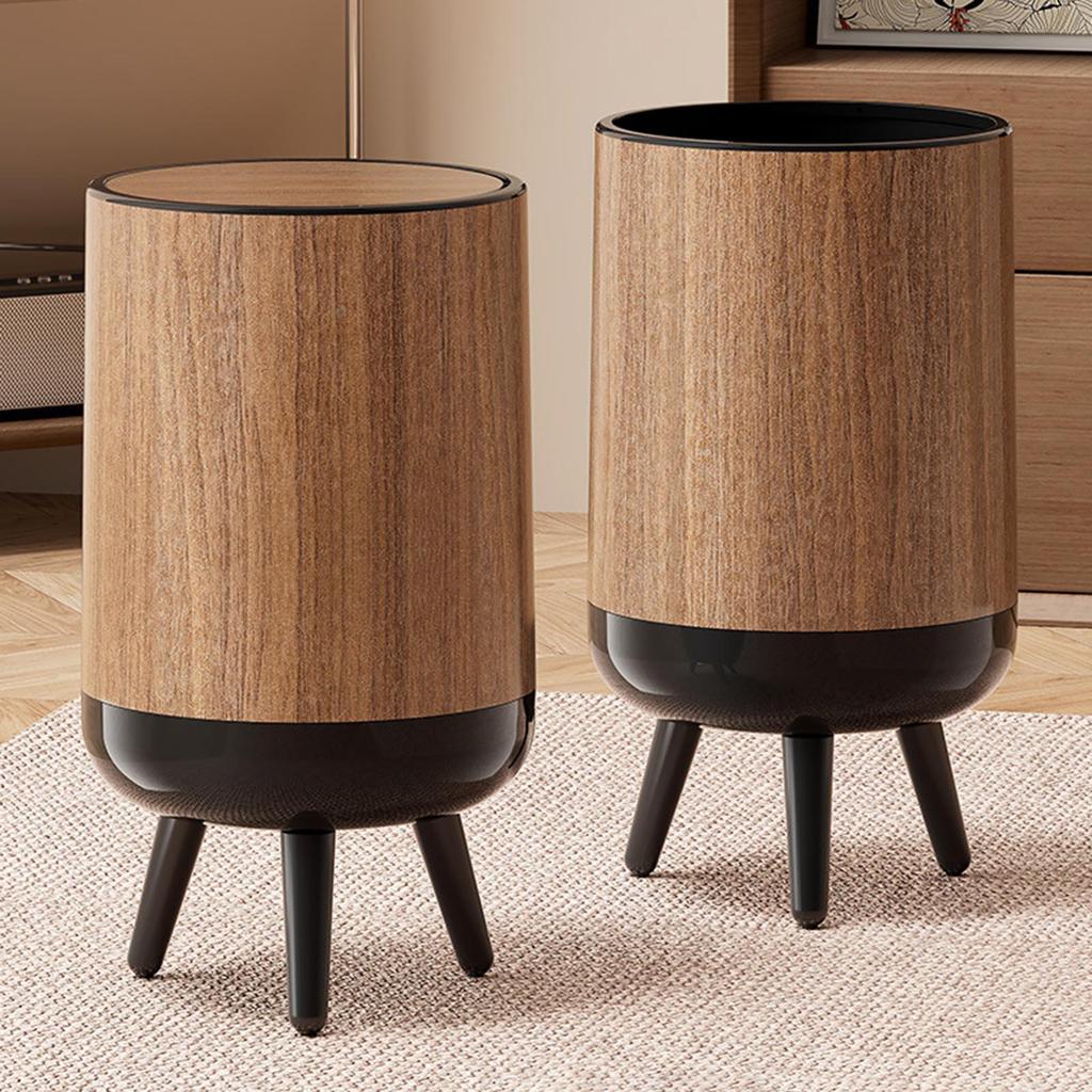 No Lid Trash Bin Elevated Leg Base Wood Grains Plastic Wastebasket Fit Any Room Decors Kitchen Bathroom Waste Solution