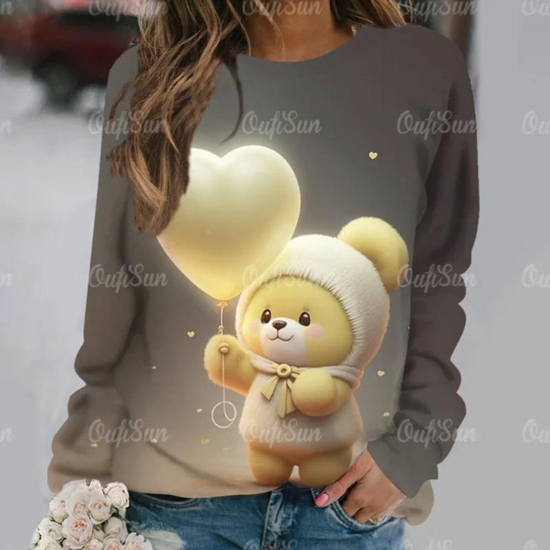 Cute Bear Women's Hoodie Casual O Neck Long Sleeve Pullover Tops 2024 New T-Shirt for Women Streetwear Fashion Women T Shirt Tee