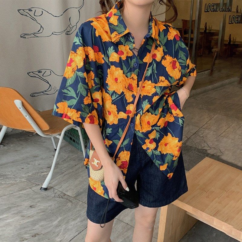 Hong Kong Style Design Spring Hawaiian Short Sleeve Floral S