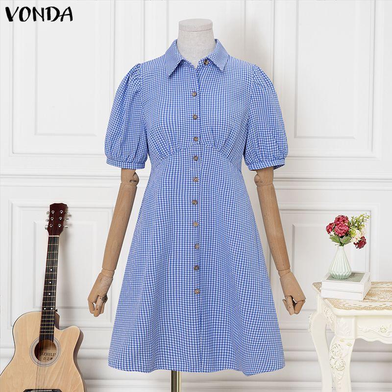 VONDA Summer Women Turn Down Collar Short Sleeve Plaid Back Elastic Casual Ruffled Mini Dress