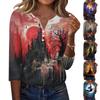 Womens Halloween Print V Neck Button Front Three Quarter Sleeve Casual T Shirt Top with Relaxed Fit and Lightweight Fabric for Seasonal Wear