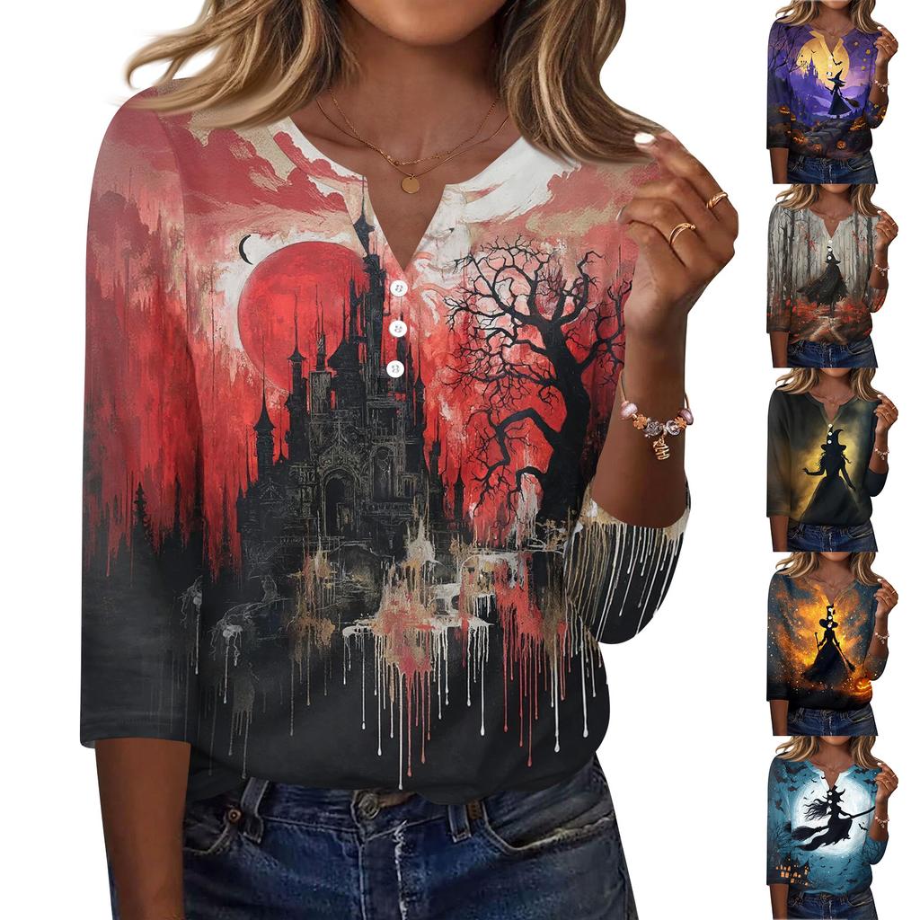 Womens Halloween Print V Neck Button Front Three Quarter Sleeve Casual T Shirt Top with Relaxed Fit and Lightweight Fabric for Seasonal Wear