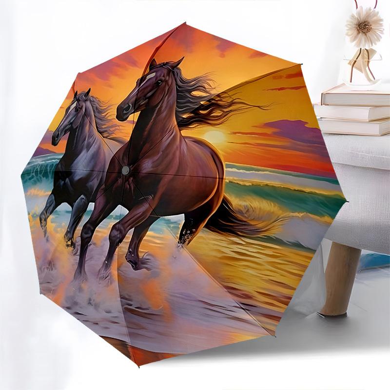 Sunset, Horses Automatic Folding Umbrella Compact 8 rib Design, Unique Style, Suitable for Everyday Outdoor Use, Perfect Gift for Friends an
