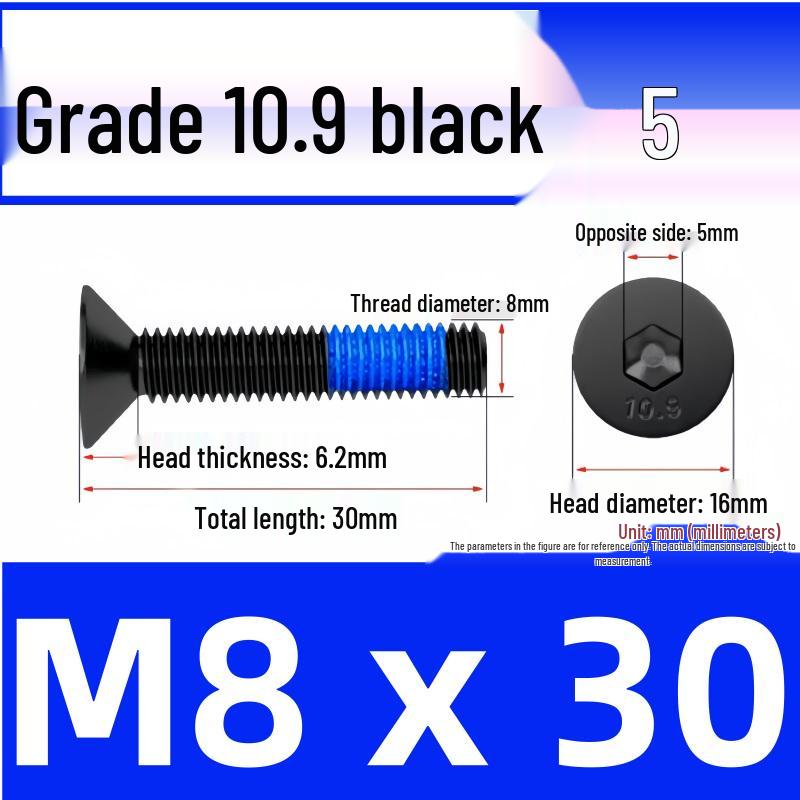 Black Anti-Slip Flat Cup Screw with Adhesive Blue Glue, Countersunk Hexagon Socket, Available in M2-M8 Sizes