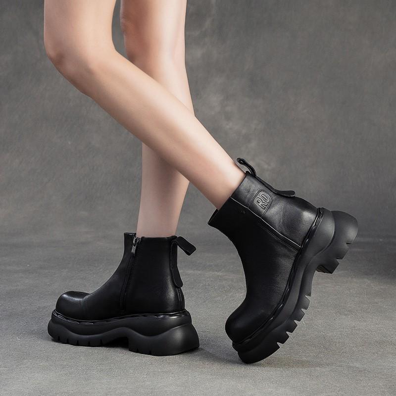 Johnature Genuine Leather Thick Soled Ankle Boots Retro Round Toe Thick Heeled Women's Short Boots