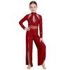 Kids Stage Performance Leotard Mock Neck Long Sleeve Sequins Rhinestone Mesh Patchwork Back Zip Split Wide Leg Jumpsuit for Lyrical Dance
