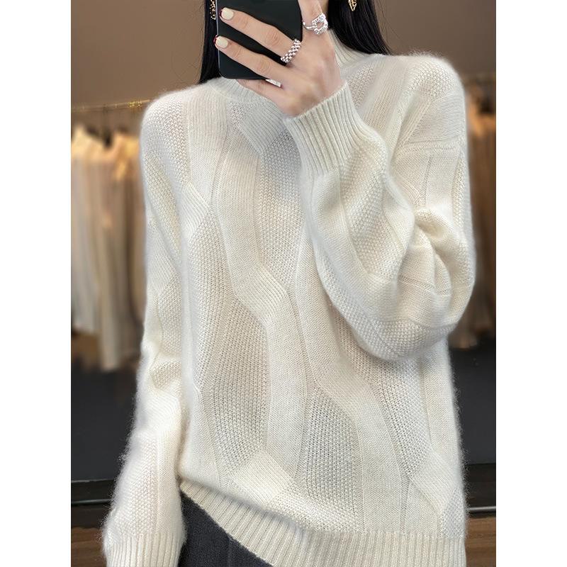 2024 Women's 100% Wool Half-High Collar Twist Sweater - Thick, Solid Color, Loose Fit, Slim Knit