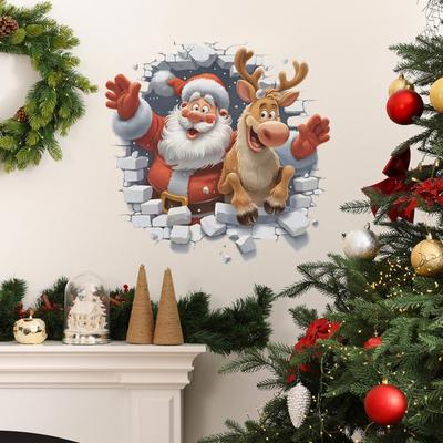 Christmas Wall Sticker Santa Reindeer 3D Breakthrough Design PVC Material Mall Scene Festive Holiday Christmas Decor Accessory